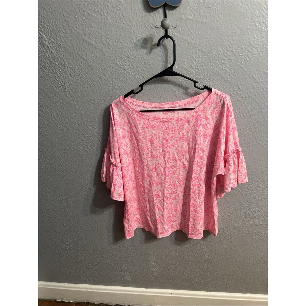 Lilly Pulitzer Top Womens Pink Floral Bell Sleeve Boat Neck Size XL Cropped